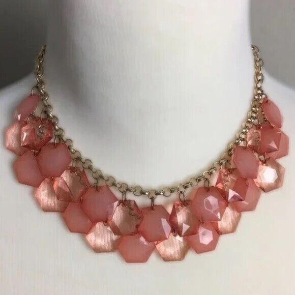 Peachy Pink Statement Necklace 19in Two Row Opaque Translucent Acrylic Beads - Picture 2 of 11